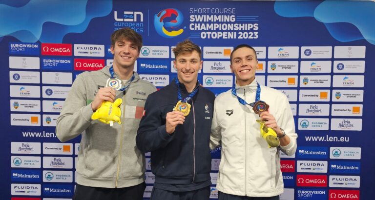 David Popovici și Andrei Ungur, medalii de bronz la Campionatul European de Înot în Bazin Scurt Otopeni 2023. Felicitări!